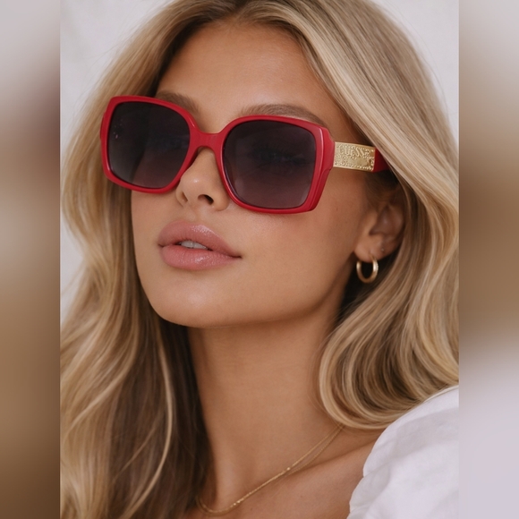 Guess Accessories - Guess Red Gold Monogram Square Oversized Sunglasses